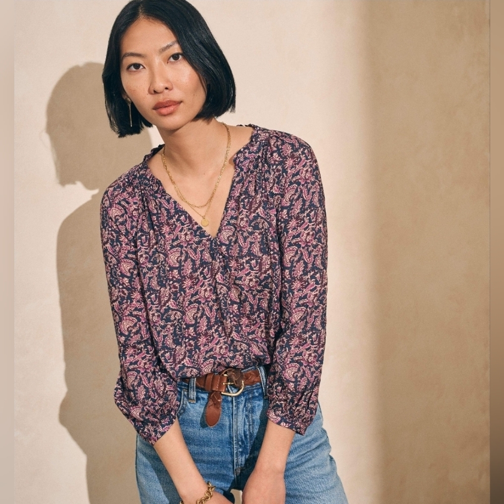 FAHERTY Portia Blouse Peasant Top in Fiona Block Print Large